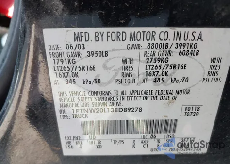 2003 Ford F-250 Lariat/Xl/Xlt from USA, damaged, VIN 1FTNW20L13ED89278